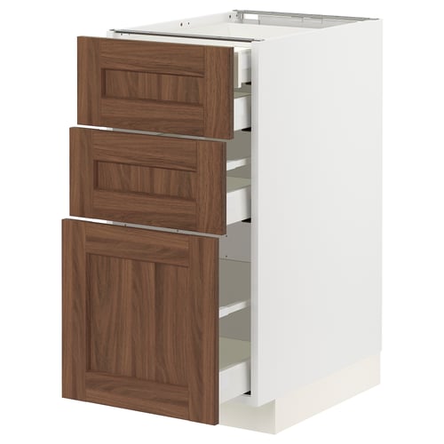 Modern kitchen cabinet in white with walnut drawers, three drawers, sleek design.