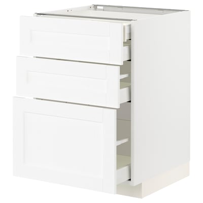 A white METOD kitchen cabinet set with multiple drawers. The design is sleek and modern, with a wooden texture and smooth, self-closing drawers.