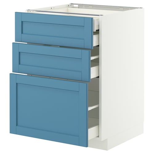A METOD kitchen cabinet in blue with three drawers. The cabinet is white with a sturdy frame, smooth-running drawers, and a 25-year guarantee.