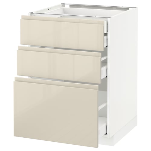 A white METOD kitchen cabinet with beige high gloss drawers and integrated handles. It three drawers with a sleek, modern design.