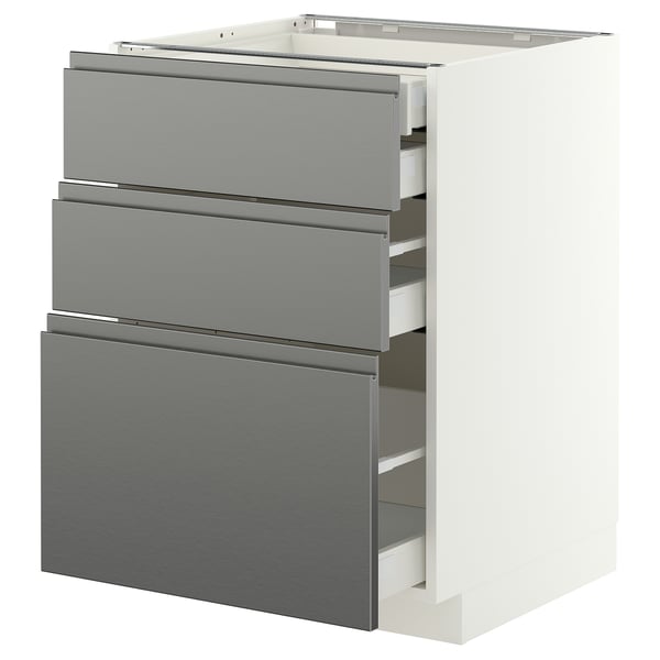 METOD / MAXIMERA Base cb 3 frnts/2 low/1 md/1 hi drw, white/Voxtorp stainless steel effect, 60x60 cm