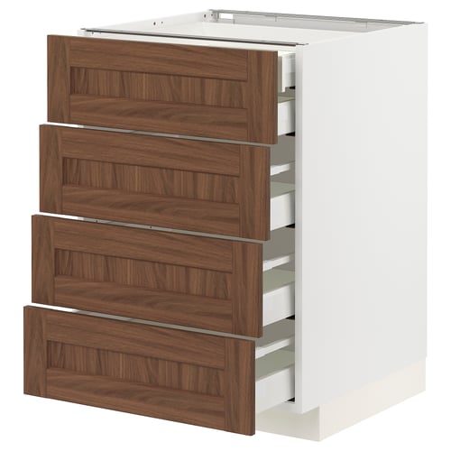 White METOD kitchen cabinet with four extended walnut drawers.