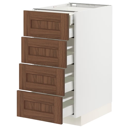 METOD kitchen unit, white & brown drawers, wooden texture, 4 full-extension drawers, sleek design.