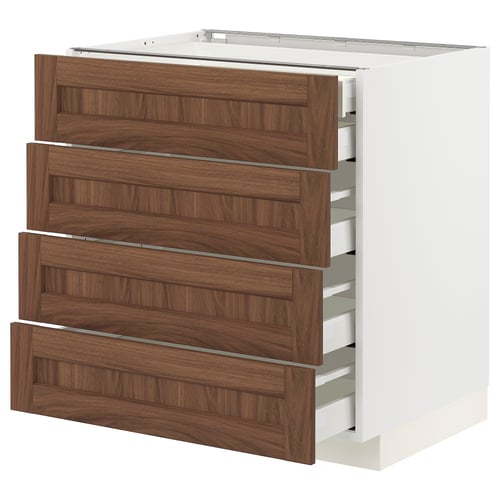 Modern kitchen unit, white and brown wooden drawers, sleek design, four fully extendable drawers with soft-close feature.
