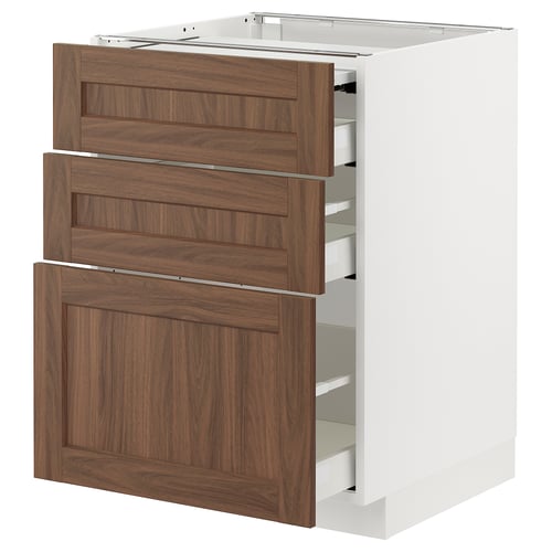 Walnut drawer unit; white cabinet, three drawers.
