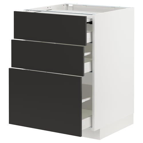METOD kitchen unit with three grey drawers, modern and sturdy design.