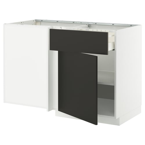 Modern kitchen unit: METOD in white with black nickebo doors, sleek design, open shelf.