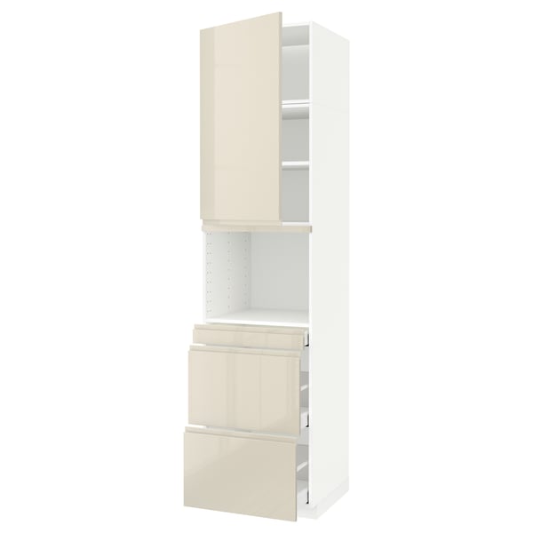 METOD / MAXIMERA Hi cab f micro combi w door/3 drwrs, white/Voxtorp high-gloss light beige, 60x60x240 cm