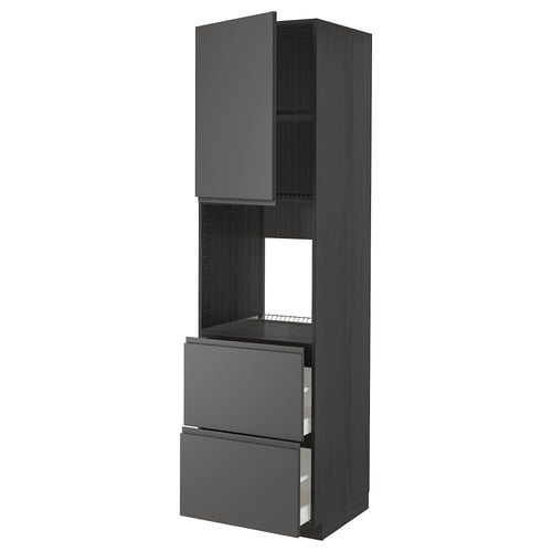 Modern dark grey kitchen unit with two open drawers, one shelf, and a closed cabinet.