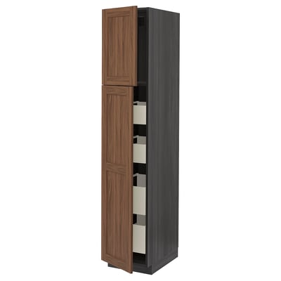 METOD / MAXIMERA Hi cab w 2 doors/4 drawers, black Enköping/brown walnut effect, 40x60x200 cm