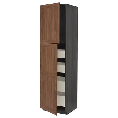Modern brown wood kitchen cabinet with open drawers.