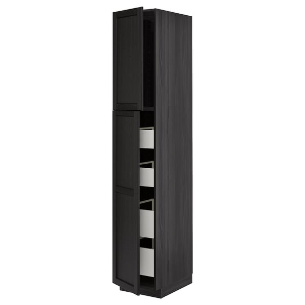 METOD / MAXIMERA Hi cab w 2 doors/4 drawers, black/Lerhyttan black stained, 40x60x220 cm