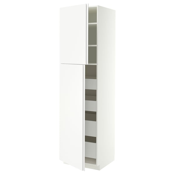 METOD / MAXIMERA Hi cab w 2 doors/4 drawers, white/VOXTORP matt white vertical handle, 60x60x220 cm