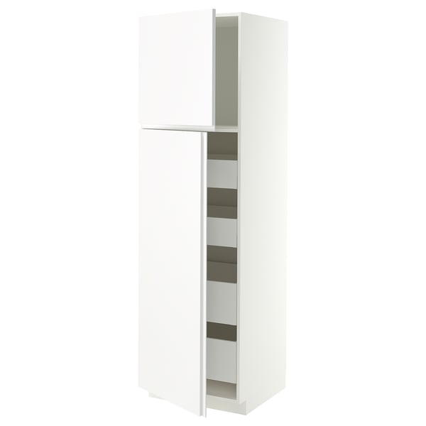 METOD / MAXIMERA Hi cab w 2 doors/4 drawers, white/VOXTORP matt white vertical handle, 60x60x200 cm