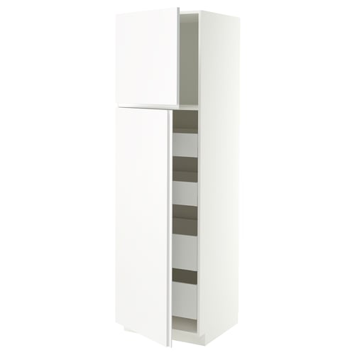 METOD / MAXIMERA Hi cab w 2 doors/4 drawers, white/VOXTORP matt white vertical handle, 60x60x200 cm