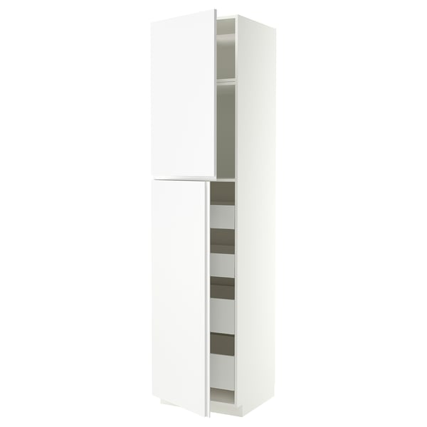 METOD / MAXIMERA Hi cab w 2 doors/4 drawers, white/VOXTORP matt white vertical handle, 60x60x240 cm