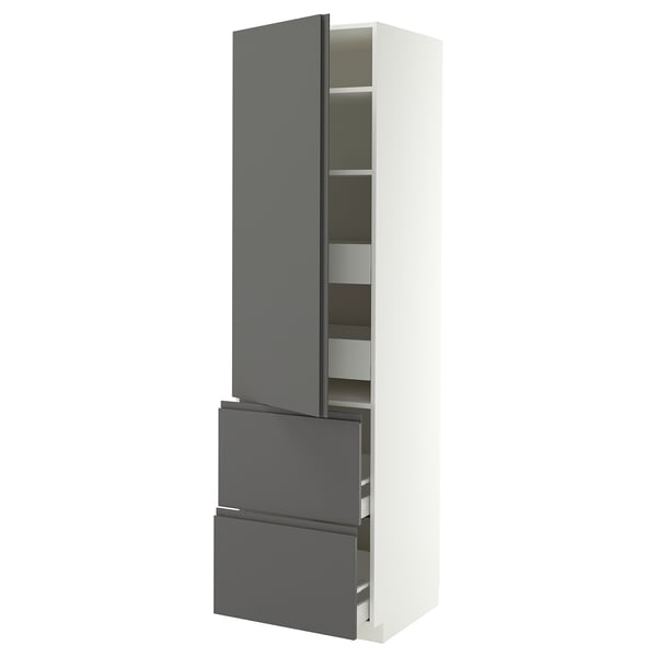 METOD / MAXIMERA Hi cab w shlvs/4 drawers/dr/2 frnts, white/VOXTORP dark grey vertical handle, 60x60x220 cm