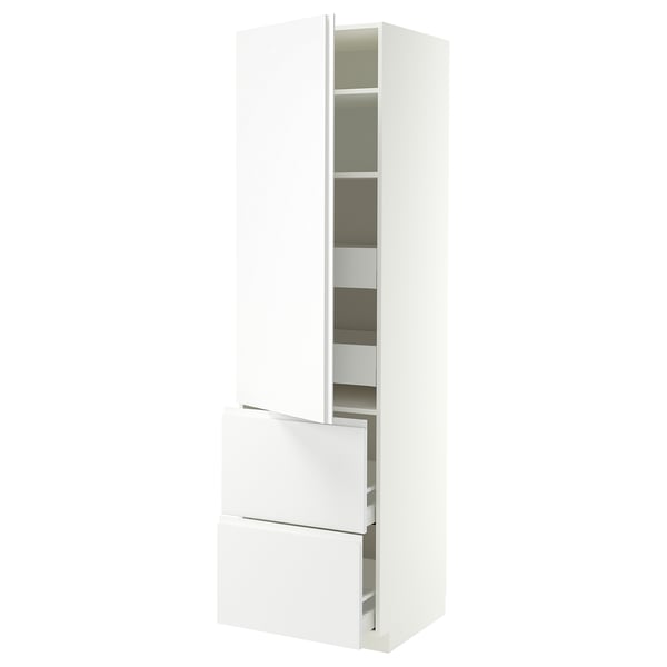 METOD / MAXIMERA Hi cab w shlvs/4 drawers/dr/2 frnts, white/VOXTORP matt white vertical handle, 60x60x220 cm