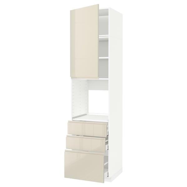 METOD / MAXIMERA High cab f oven w door/3 drawers, white/Voxtorp high-gloss light beige, 60x60x240 cm