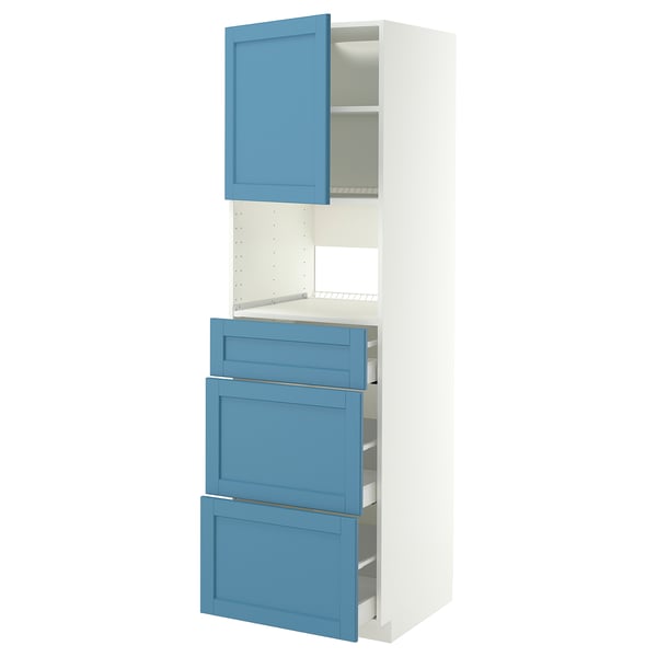 METOD kitchen cabinet with blue drawers and open shelf.