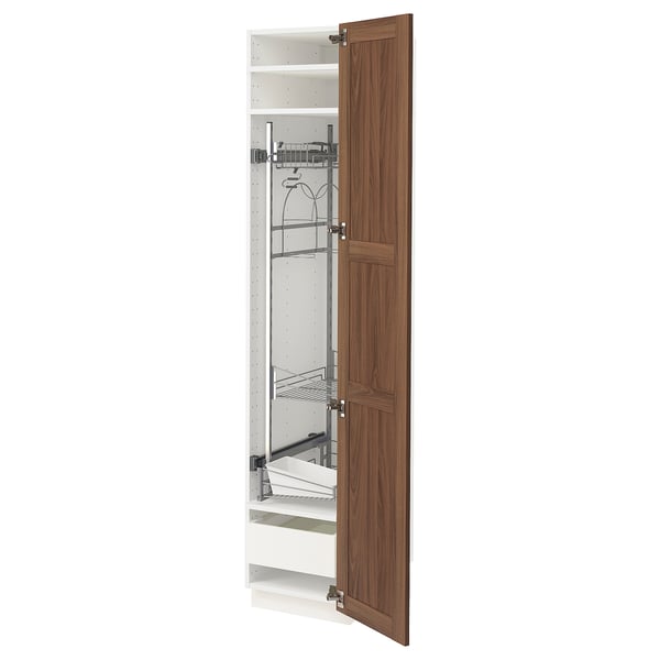 Wooden door, tall cabinet with pull-out shelves. Kitchen organiser, neatly arranged.