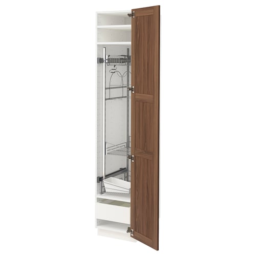 Wooden door, tall cabinet with pull-out shelves. Kitchen organiser, neatly arranged.