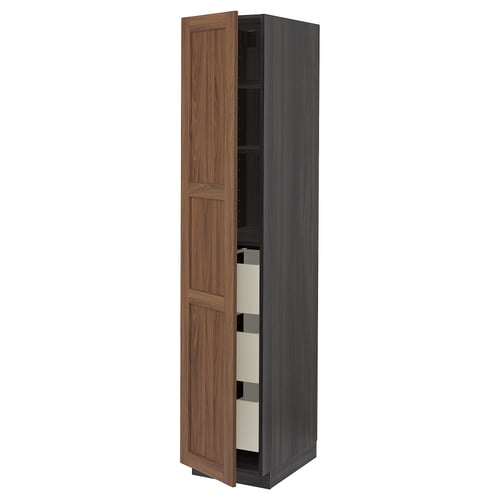 Open wood cabinet, tall and narrow, light brown door, black frame, adjustable shelves, soft-close drawer.