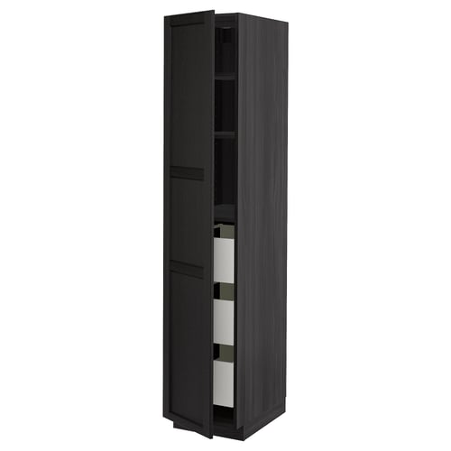Tall dark grey wooden cabinet with two doors slightly open, revealing white shelves inside. Modern kitchen design.