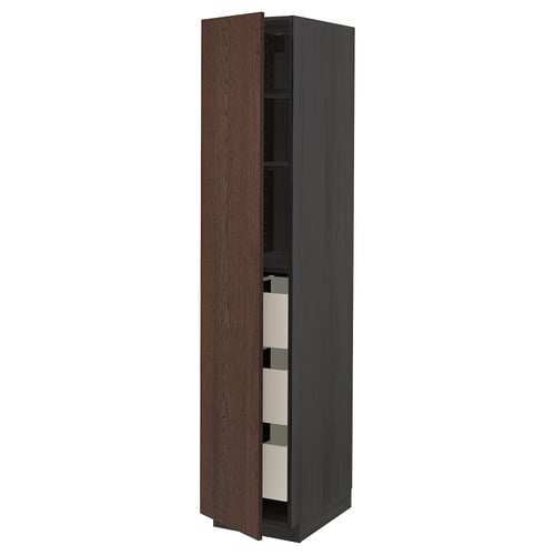 Wood cabinet, dark brown sinarp doors, steel shelves. This version keeps the key details while staying under the 150 character limit.