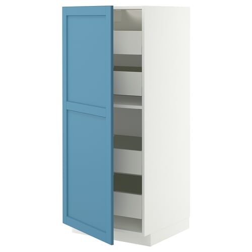 An open tall kitchen cabinet in white with blue door, featuring multiple shelves and drawers in light grey.