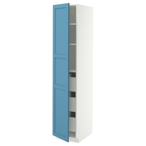 Open blue and white cabinet. Modern design with one door and shelves inside. Tall, rectangular shape.
