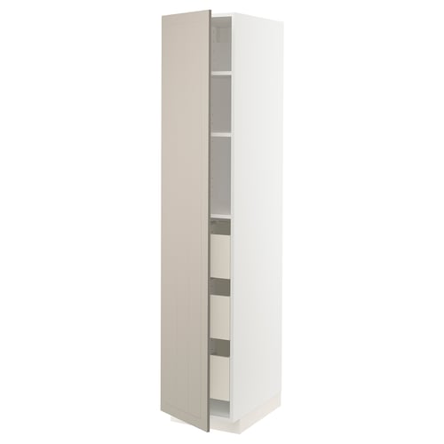 METOD cabinet, beige doors, adjustable shelves, open drawer with dampers