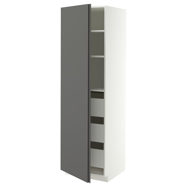 METOD / MAXIMERA High cabinet with drawers, white/VOXTORP dark grey vertical handle, 60x60x200 cm