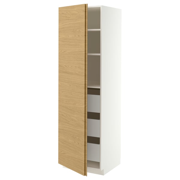 METOD / MAXIMERA High cabinet with drawers, white/VOXTORP oak effect vertical handle, 60x60x200 cm