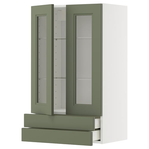 Green glass-doored cabinet with pull-out drawers, modern design.