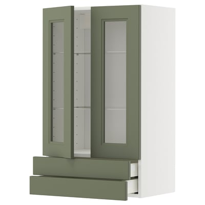 METOD / MAXIMERA Wall cab w 2 glass doors/2 drawers, white/Axstad grey-green, 60x100 cm