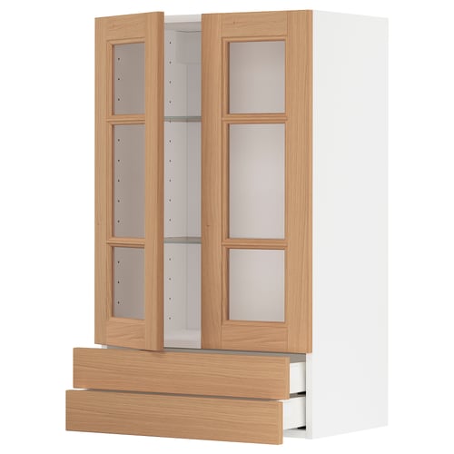 Modern light brown wooden kitchen cabinet with glass doors and drawers.