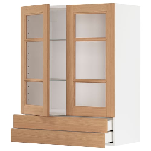 METOD kitchen unit with oak doors, glass shelves, and drawer.