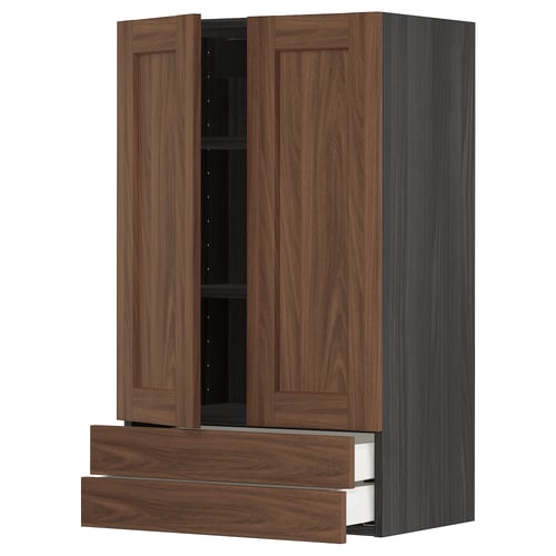 Walnut-colored wooden kitchen cabinet with two doors, two drawers, and adjustable shelves.