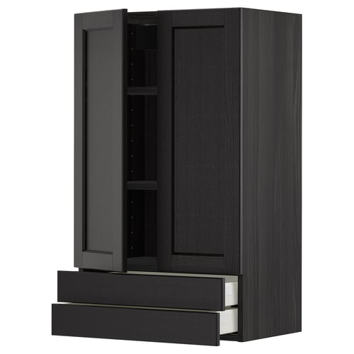 Black METOD kitchen unit, wooden finish, drawers & shelves, tall, modern.