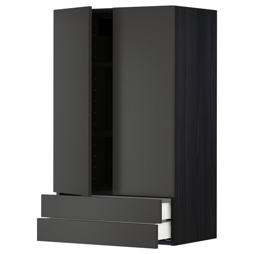 Modern black kitchen cabinet with two drawers and adjustable shelf, sleek matte finish.