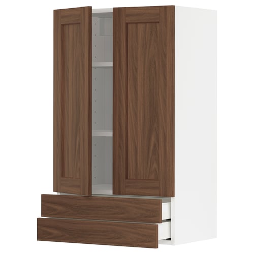METOD kitchen unit, walnut, wood grain, 2 doors, 2 drawers, white frame.