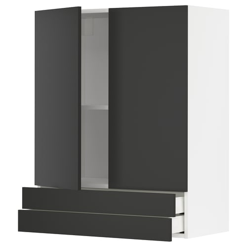 Modern kitchen cabinet in black. Sleek design with two doors and two drawers. Matt finish, sturdy particleboard construction, adjust shelf inside.