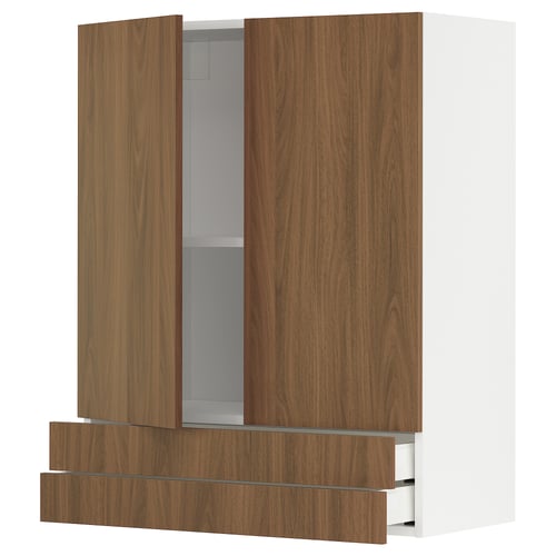 METOD kitchen system. Walnut-colored cabinet with two doors and two drawers. Modern and smooth design. Adjustable shelving and self-closing drawers.