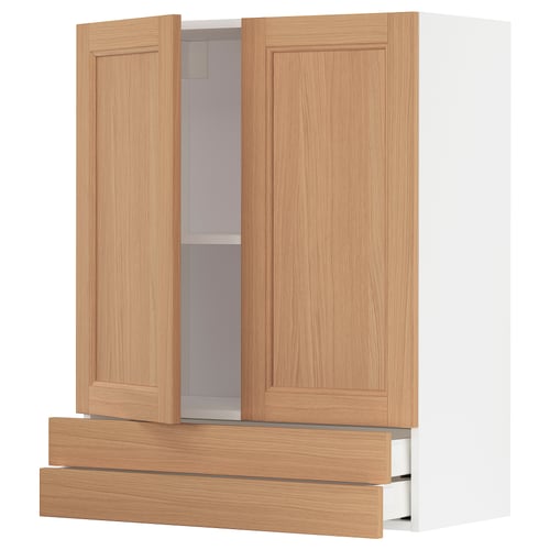 Wooden kitchen cabinet with 2 doors and 3 drawers, light brown.
