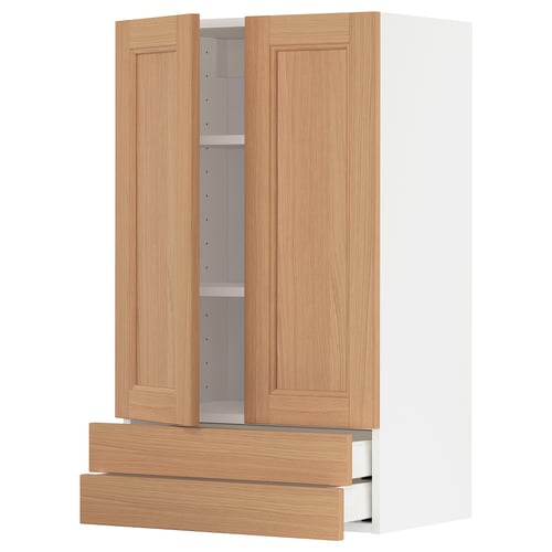 Ikea METOD oak storage cabinet with drawers, white frame.