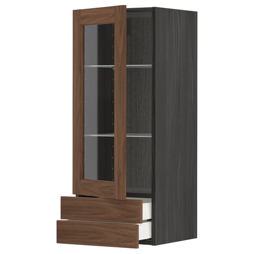 METOD kitchen unit with glass doors & drawers, dark wood, smooth drawers, adjustable shelves.