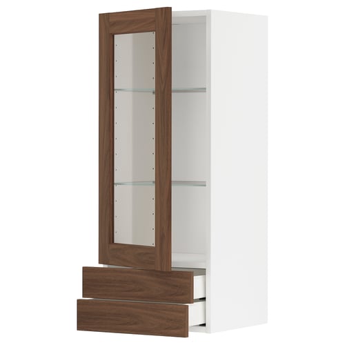 Item: METOD kitchen cabinet, white & walnut. Glass doors, adjustable shelf, soft-closing drawers.