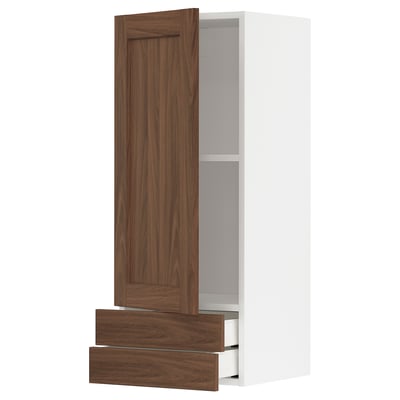 Modern kitchen cabinet: METOD, white & walnut, tall, open, with shelves & drawers.