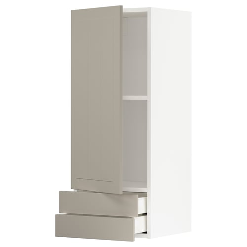 METOD kitchen unit with beige fronts. Tall cabinet, open door, two drawers, dampers for soft close.